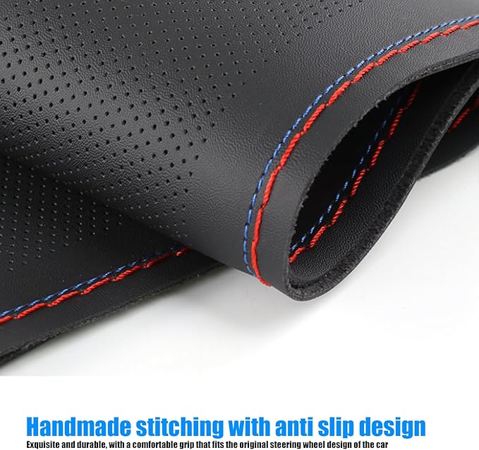 Pack-1 Leather Steering Wheel Cover, Universal Non-Slip Stitch On Wrap, DIY Car Wheel Cover Protector with Needle and Thread for Most Cars SUVs and Trucks (Black #1)