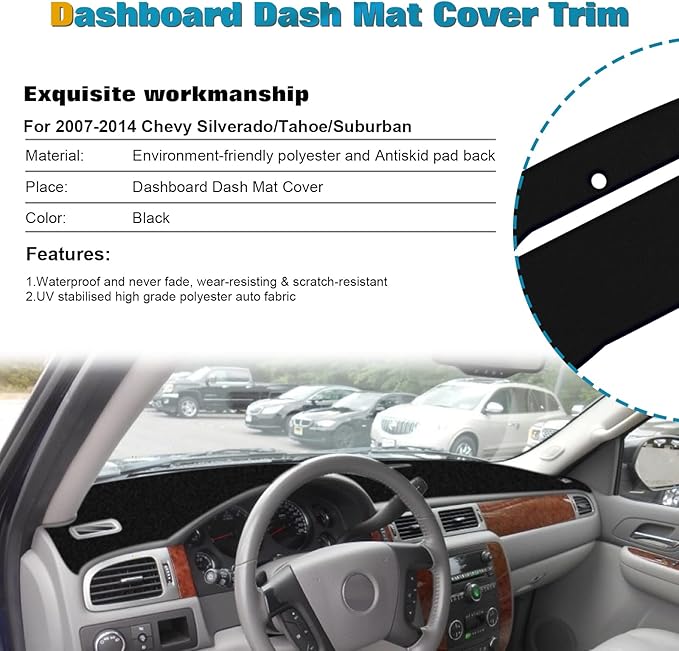 x xotic tech Center Console Dashboard Mat Pre-Cut Non-Slip Sunshield Sun Glare Protector Dash Carpet Pad Black Cover Compatible with Chevrolet Silverado or GMC Sierra 2007-2013,w/One Golve Box-Type B