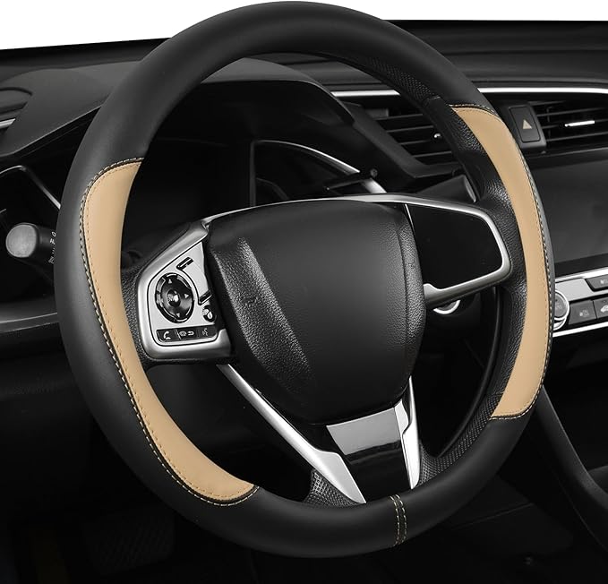 Car Steering Wheel Cover,Microfiber Leather Steering Wheel Cover Universal 14.5-15 inch, Anti-Slip Breathable Auto Wheel Cover Protector for Men Women (Black&Beige)
