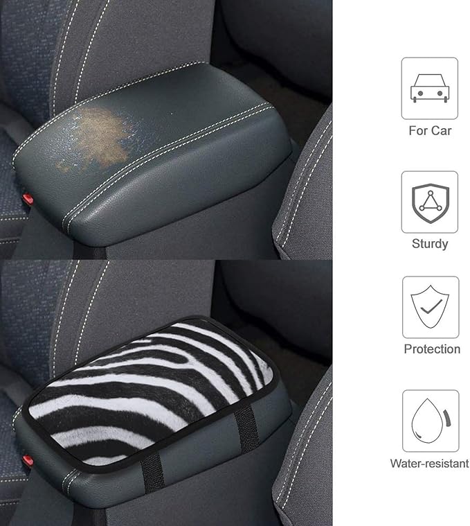Black White Stripes Zebra Print Car Center Console Cushion Pad,Waterproof Armrest Seat Box Cover Protector,Comfortable Car Decor Accessories Fit for Most Cars, Vehicles, SUVs