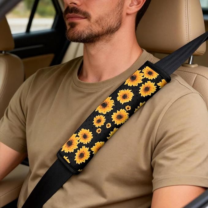 Qeluxign Sunflower 5 Piece Car Seat Covers Full Set, Front Seats Cover/Auto Seatbelt Shoulder Pads/Vehicle Center Console Armrest Cover, Universal Car Accessories Men Women Gifts
