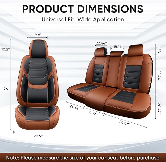 TIEHESYT Leather Car Seat Covers Full Set with Lumbar Support, Waterproof Car Seat Cover, Universal Seat Covers for Cars, Trucks, SUVs, Sedans, Airbag Compatible, Front Pair and Rear, Brown&Black