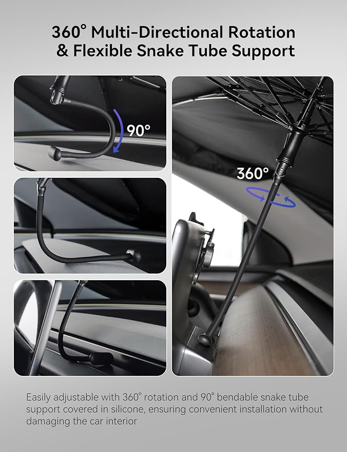 TPARTS Windshield Sun Shade Umbrella for Tesla Model Y/3/S/X 2017-2025, Full-Size Foldable UV Ray Reflector with Fiberglass Ribs & 360° Bendable Handle Car Interior Windshield Cover (54" L x 35" W)