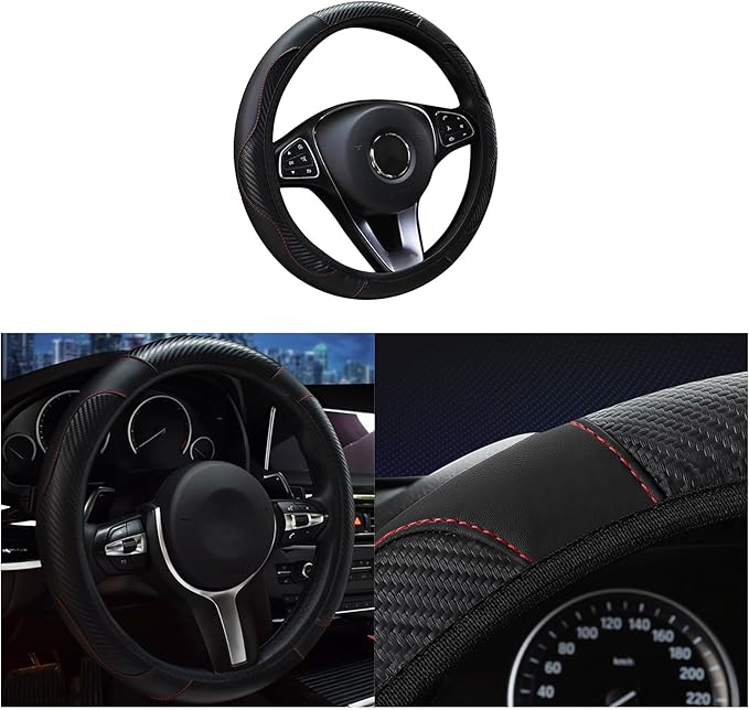 Car Steering Wheel Cover, 15 inch Carbon Fiber Microfiber PU Leather Elastic Steering Wheel Protector for Men Women, Universal Durable Car Decorative Fit for Most Cars, Trucks, SVU (Black)