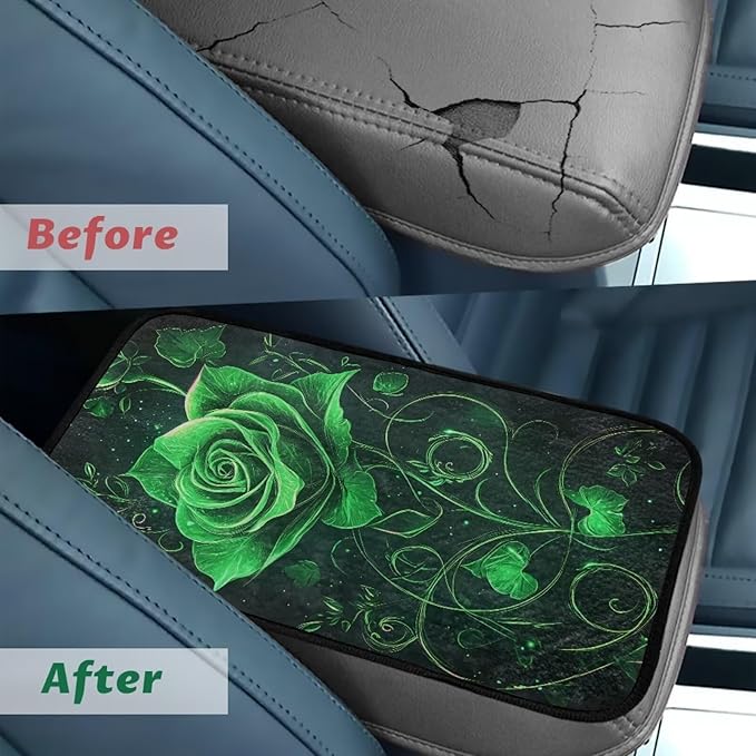 Bulopur Green Rose Car Center Console Cover Thickened Arm Rest Cover Car Flannel Easy to Install Car Interior Automotive Universal Size Fit for Most Cars SUVs Trucks Vans
