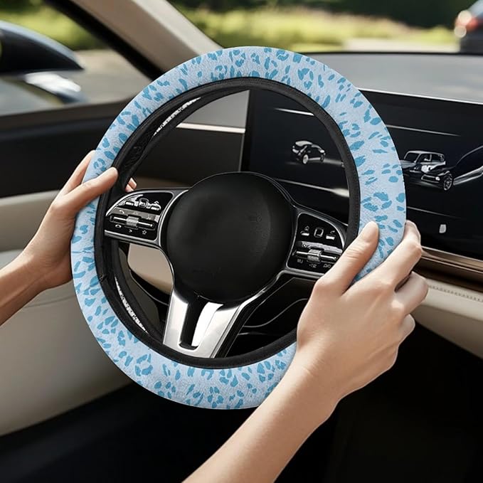 Universal Non-Slip Steering Wheel Cover, 15-inch Polyester Material Driving Accessories, Adjustable for Car and Truck(Light Blue Leopard)
