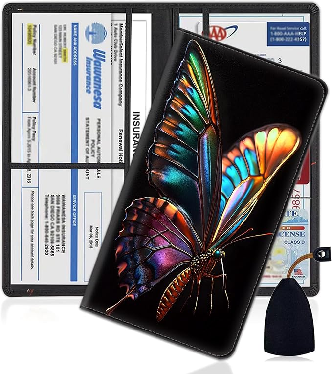 Car Document Holder with Magnetic Shut, Car Registration and Insurance Card Holder, Vehicle Glove Box Organizer Documents, Driver License, Auto Paperwork Organizer Wallet, Colorful Butterflies Pattern