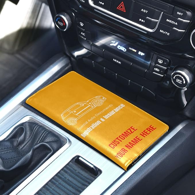 Custom Car Registration and Insurance Card Holder Personalized Leather Glove Box Organize Men Women Wallet Accessories Case for Cards, Essential Document Driver License Yellow Orange