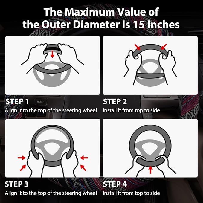 CAR PASS Boho Steering Wheel Cover, Ethnic Flax Cloth Universal Steering Wheel Cover,Anti-Slip Design, Fit 14.5-15 inches for Vehicles,Cars,SUV,Vans