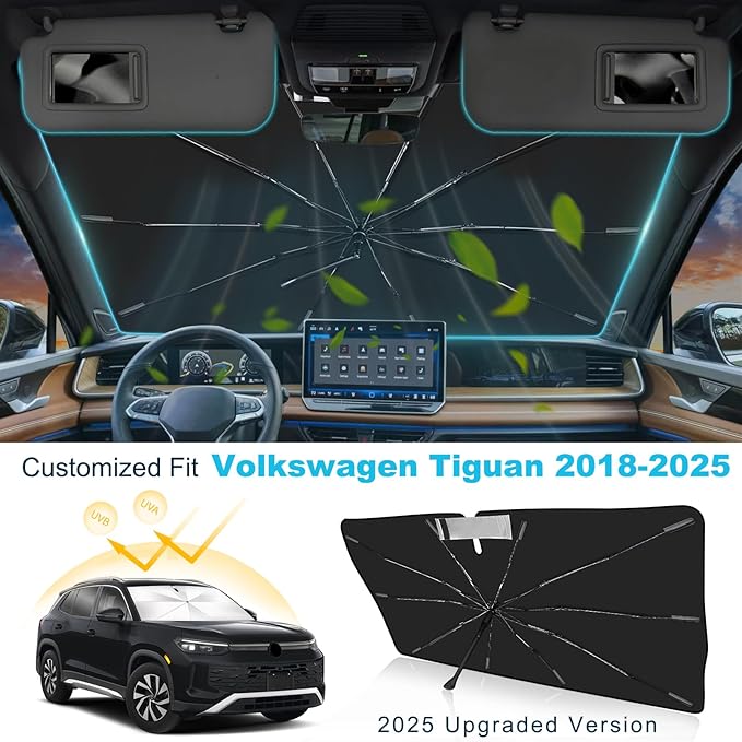 2025 Upgrade Windshield Sun Shade Umbrella Custom Fit for Volkswagen Tiguan 2018-2025 Foldable UV Protection Car Cover, Emergency Rain Shield & Dashboard Protector - Durable Auto Accessory