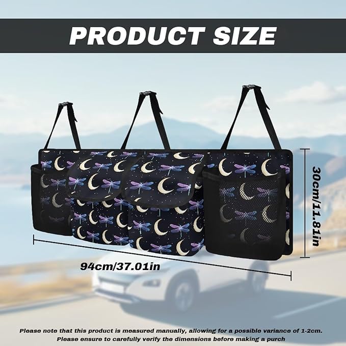 Dragonfly Moon Large Capacity Car Trunk Organizer, Waterproof Oxford Backseat Hanging Storage Bag with 4 Pockets, Foldable Car Organization for Car Tools, Car Accessory for SUV Truck