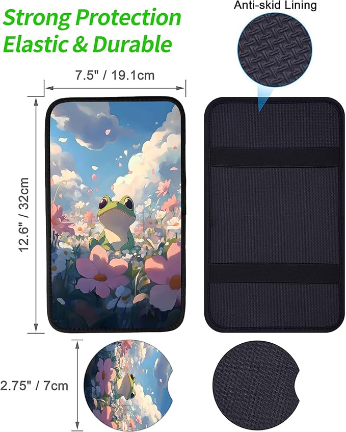 JANENFNA Car Armrest Cover Pads Universal Fashion Cute Auto Center Console Armrest Cover Pad with 2PCS Car Coasters Soft Waterproof Car Armrest Seat Protector for Women,Green Frog in Flowers