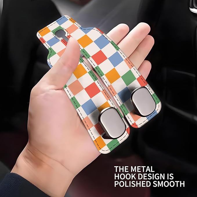NUGGHU Car Seat Headrest Hook, Universal Leather Cute Hanger Holder Hook, Storage Organizer Interior Accessories for Purse Bags Handbag Colorful Cute Plaid