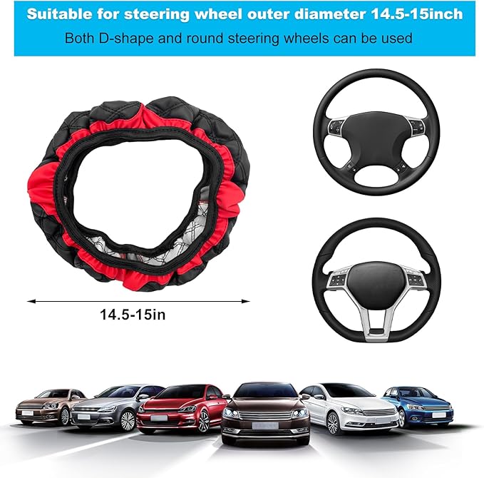 Car Steering Wheel Cover, 15 Inches Non-Slip Leather Car Steering Wheel Protector, Universal Steering Wheel Soft Cover Mats for Car Truck SUV, Interior Car Accessories (Black & Red)