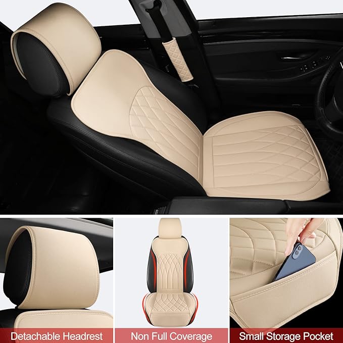 1 Pack Leather Front Car Seat Cover, Universal Sideless Car Seat Protector with Storage Pocket and Seat Belt Pad, Waterproof Automotive Seat Cover Cars Trucks SUV(Yellow Beige)