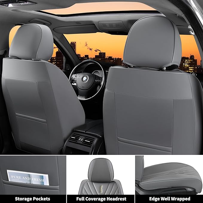 FLORICH Seat Covers,Car Seat Covers Full Set, Nappa Leather Front and Rear Seat Covers, Luxury Car Seat Cushion,Gary Leather Seat Covers 5 Seats, Universal Car Vehicle Accessories for Sedan SUV