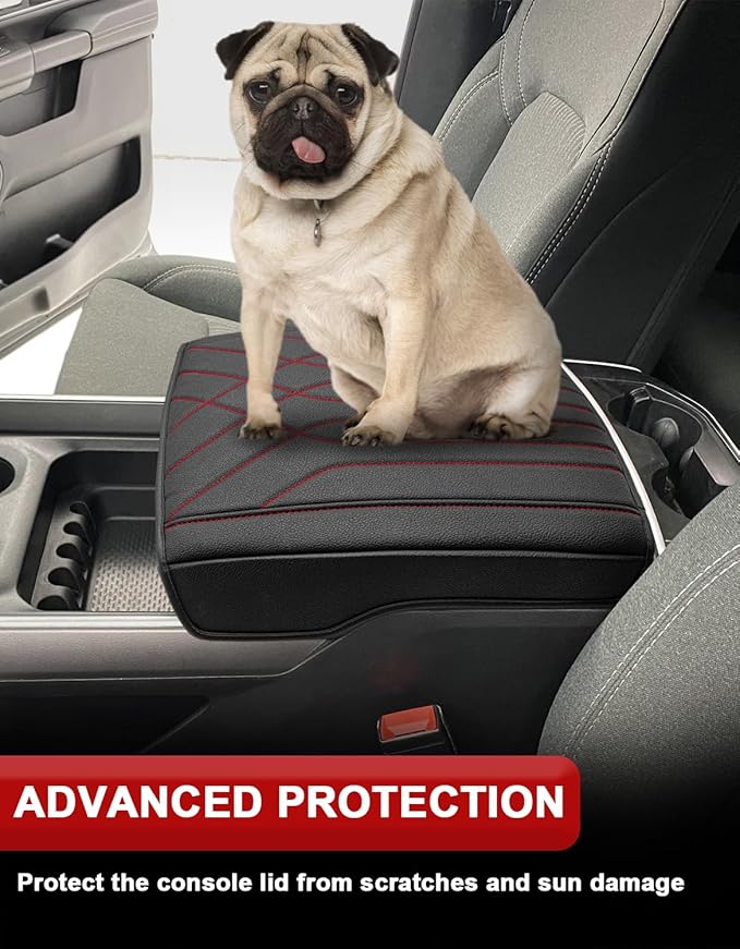 KBH Center Console Armrest Cover for 2019-2026 Dodge Ram 1500 2500 3500 5th Gen, Floor Console Bucket Seat, Arm Rest Cushion Pad Protector, Vinyl Leather, Black-Red Stitches