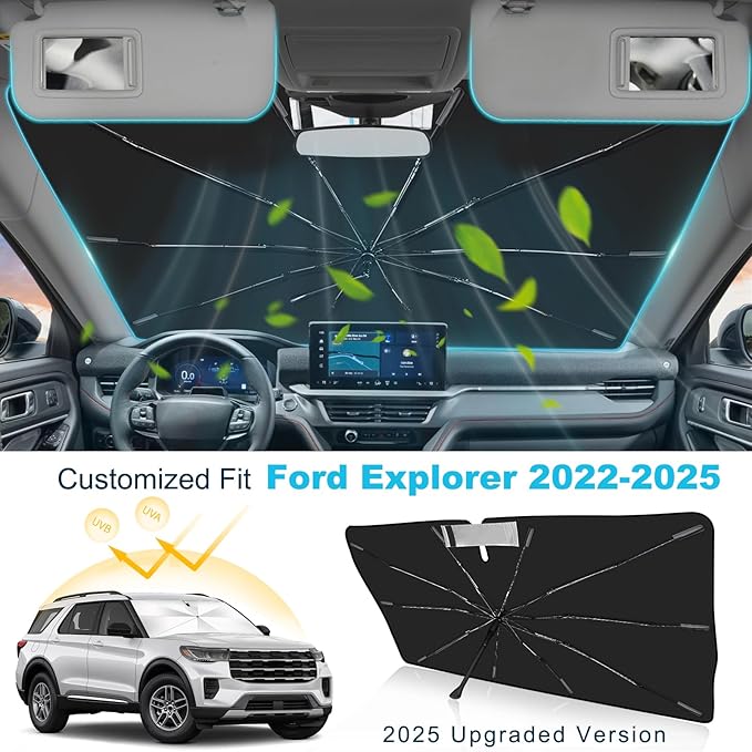 2025 Upgrade Windshield Sun Shade Umbrella Custom Fit for Ford Explorer 2022-2025 Foldable UV Protection Car Cover, Emergency Rain Shield & Dashboard Protector - Durable Auto Accessory