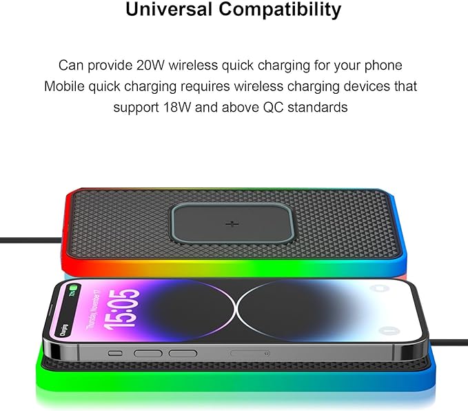 GOWENIC Wireless Car Charging Pad, 20W Magnetic Fast Charging with RGB LED Light, Auto Match Speed, for iOS 11 12 13 14 15 16 17