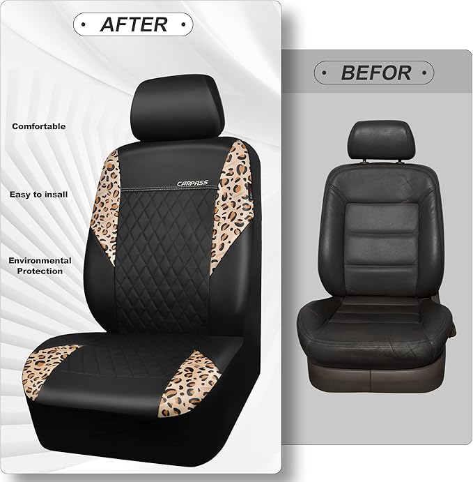 CAR PASS Leopard Print Faux Leather Car Seat Covers & Leopard Car Mats&Leopard Steering Wheel Cover Seat Belt Pad Universal Car Accessories for SUV,Van,Saden,Truck Automobile Interior Sets