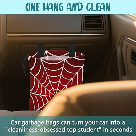 KXWQTRDD Car Garbage Bag Red and White Spider Web Drawstring Car Trash Bag Hanging for Back Seat with Adjustable Buckle Canvas Vehicle Trash Can Easy-to-Install