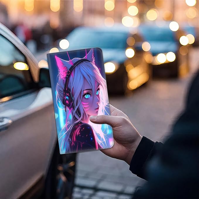 Car Registration Holder, Waterproof PU Leather Vehicle Card Document Glove Box Organizer, Women Interior Auto Accessories Case for Cards, Driver License Car Insurance Holder, Cat Girl Blue Neon Anime