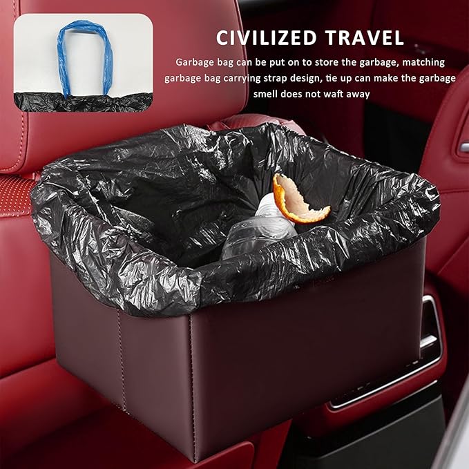 Car Trash Bin, Foldable Leather Auto Rubbish Can with Reinforced Bottom & Trash Bags, Waterproof Hanging Garbage Can Backseat Storage Box for Most Vehicles, Car Accessories (Brown)