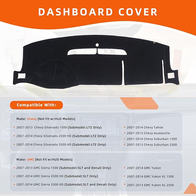 KEYOOG Dashboard Cover Dash Mat Fit for 13-07 Chevy Tahoe Suburban,Silverado 1500 LTZ/G-MC Yukon,Sierra 1500 SLT (W/o HUD),Car Dash Board Mat Anti-Glare Carpet,Non-Slip Pad (Black)