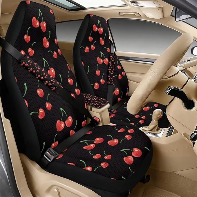 Qeluxign Cherry 5-Piece Car Accessories Set Universal Fit PU Leather Seat Covers Seatbelt Pads and Armrest Cover for Cars, Trucks, SUVs