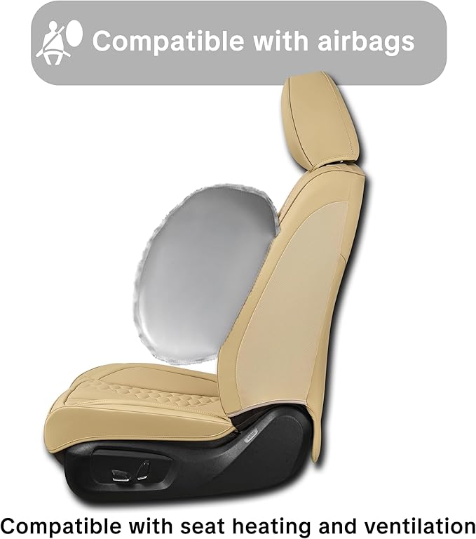 Wertigen Beige Leather Car Seat Covers - Luxury Waterproof Car Seat Protectors with Lumbar Support, Non-Slip Base, Airbag Compatibility, Easy Installation and Cleaning