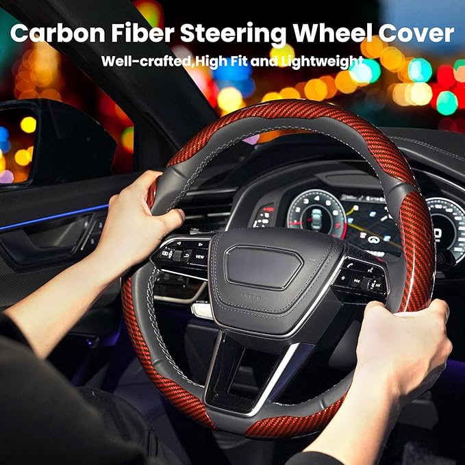 Carbon Fiber Steering Wheel Cover 3PCS Set – Anti-Slip, Scratch-Resistant, Universal Fit for 14–16 Inch Wheels – Interior Car Accessories for Cars, SUVs, Trucks (Red)