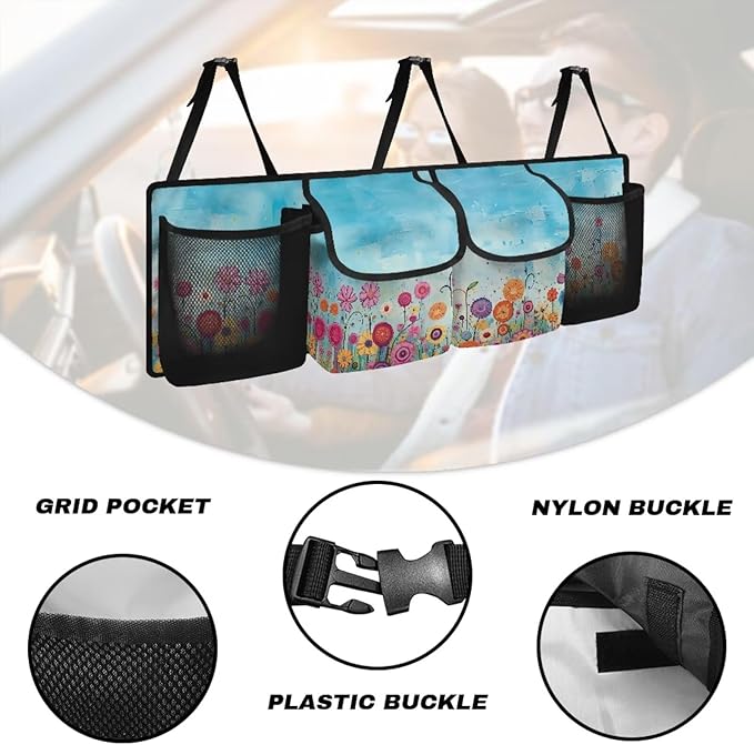 Hanging Trunk Organizer for Car Women Oxford Cloth Car Organization Accessories with 4 Pocekt Reusable Car Back Seat Organizer for SUV/MPV/Truck, Machine Washable, Cute Flowers Blue