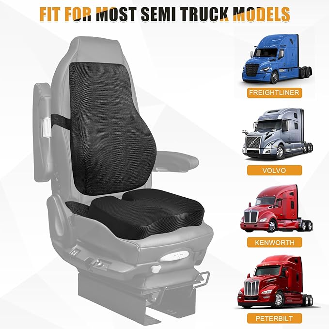 Car Seat Cushion & Back for Most Semi Truck Models, Compatible with Freightliner Volvo Kenworth Peterbilt, Driver Seat Cover for Semi Truck