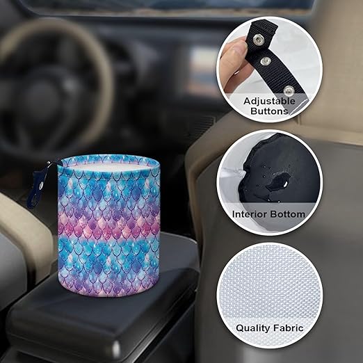 Mermaid Scale Car Trash Bag Portable Garbage Bin Printed for Car Front Seat, Back Seat, Floor, Easy to Clean Accessory Car Interior Decoration