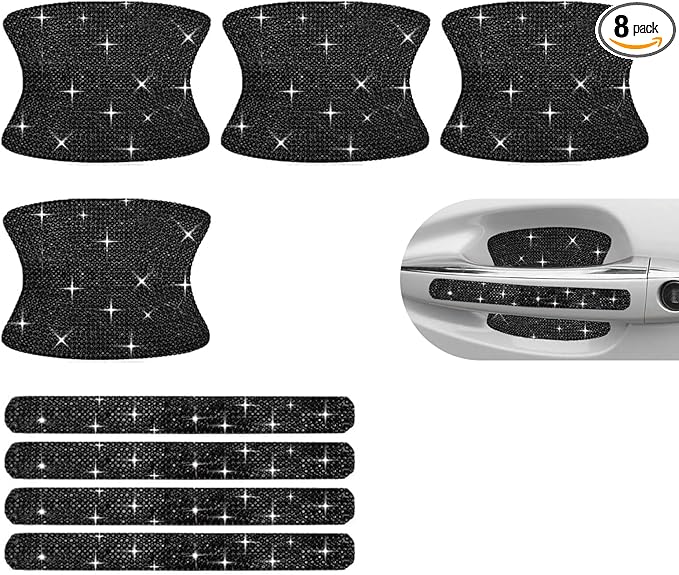 8PCS Bling Car Door Handle Protectors, Shiny Auto Doors Bowl Protective Sticker, Crystal Rhinestone Door Handle Scratch Decals, Auto Vehicle Protector Decor Covers (Black)