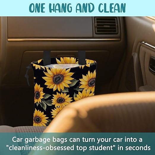 KXWQTRDD Car Garbage Bag Retro Yellow Sunflowers Hanging Canvas Car Trash Bag Drawstring Car Back Seat Organizer for Car Back Front Seat Console with Adjustable Buckle