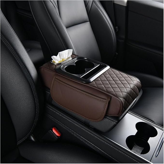 Car Armrest Storage Box for Lincoln Nautilus 2019-2024, Center Console Organizer with Side Pocket, Ergonomic Memory Foam Armrest Cushion, Car Elbow Support Pad,C Brown
