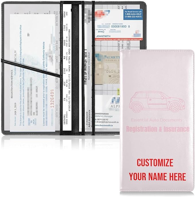Caihoyu Custom Car Registration and Insurance Card Holder Personalized Leather Glove Box Organize Men Women Wallet Accessories Case for Cards, Essential Document Driver License Blush Pink