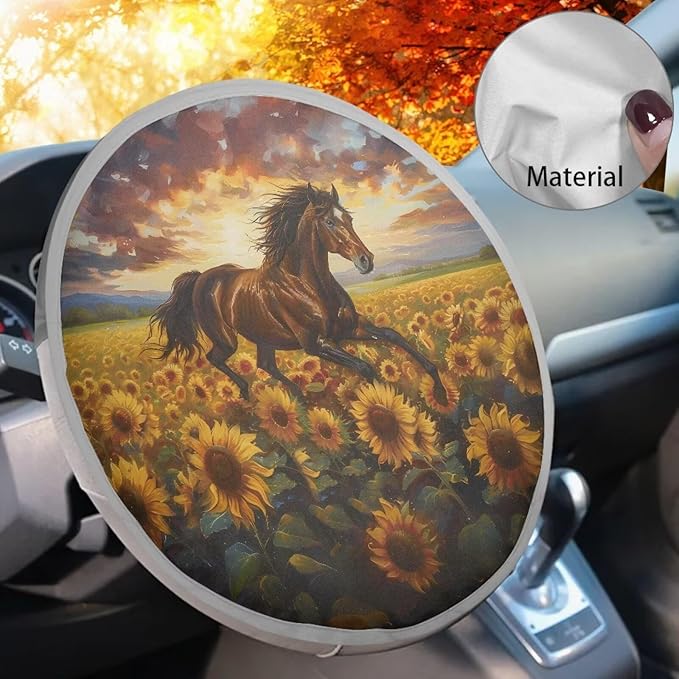 Steering Wheel Sun Shade Fit Most Car Truck SUV Van Block UV Rays Vehicle Steering Wheel Protector Interior Accessories, Sunset Glow Sunflower Running Horse Pattern