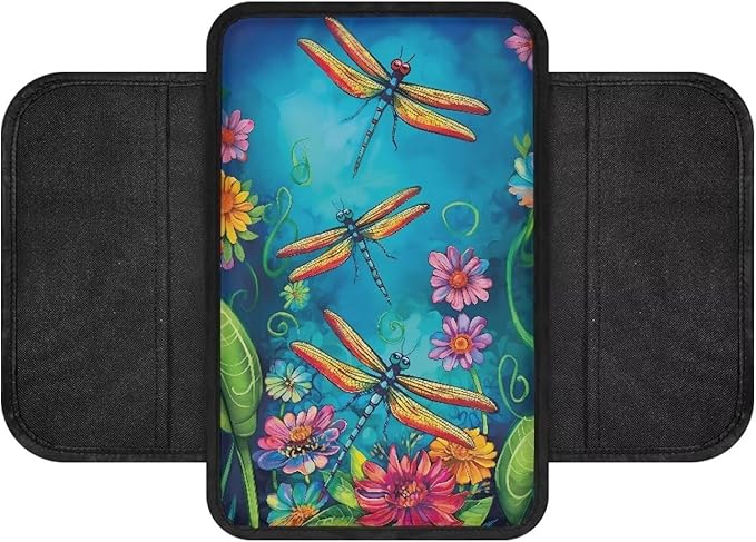 Dreaweet Car Center Console Cover with Pockets Dragonfly Print Car Arm Rest Cover Pad Universal Armrest Cover for Car Truck SUV Van