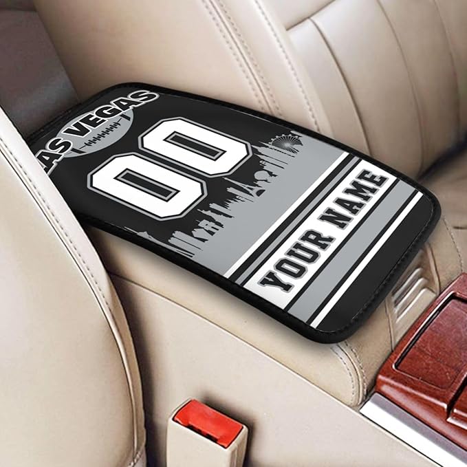 Custom Football Car Armrest Covers Personalized Football Style with Name Number Customized Auto Center Console Pad Car Handrail Box Cushion for Most Vehicle Decor Accessories, Black
