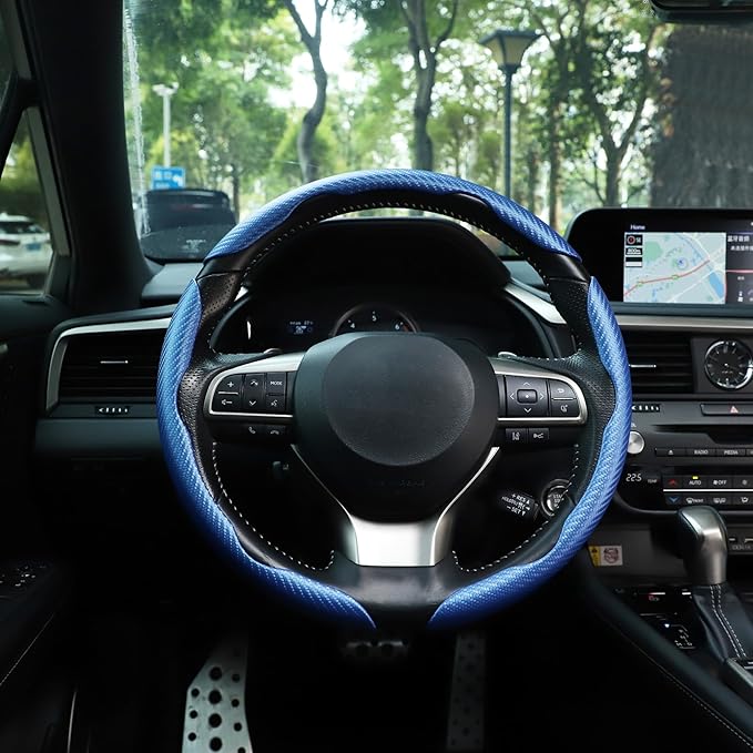 Amiss 3pcs Carbon Fiber Anti-Skid Steering Wheel Cover, Waterproof & Segmented Butterfly Design, Universal 99% Vehicle Wheel Cover Protector, Car Interior Accessories, Blue