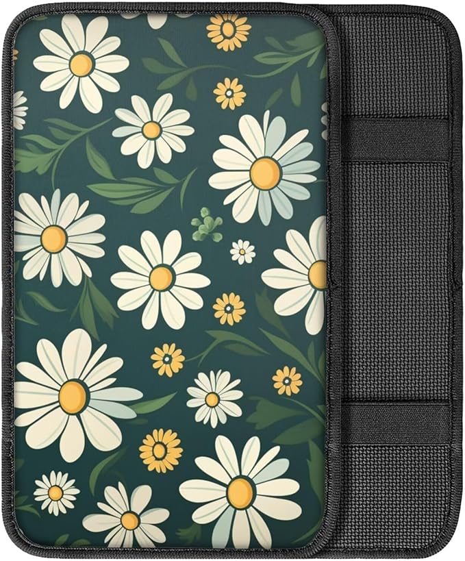 Daisy Car Armrest Cover Floral Print Armrest Seat Box Cover Protector for Car Breathable Water Proof Center Console Cover Universal for Most Car for Women Men Car Interior Accessories