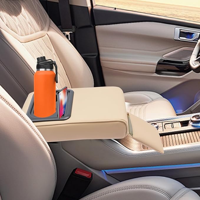 Universal Car Armrest Cushion Pad & Center Console Cover – Premium PU & Sponge, Ergonomic Design with Storage Organizer – Direct Replacement, Cup Holders, Phone Slot, Auto Interior Accessories