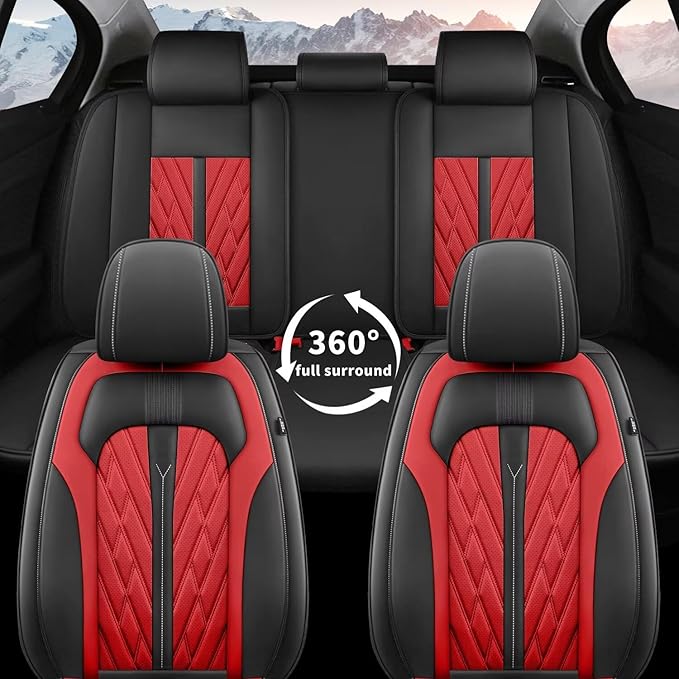 Seat Covers for Car Full Set Fit for Mitsubishi Mirage 2015-2026 Leather Seat Covers Breathable Waterproof Seat Protectors Automotive Seat Cushion with Airbag Compatible (5 Seats, Black&Red)