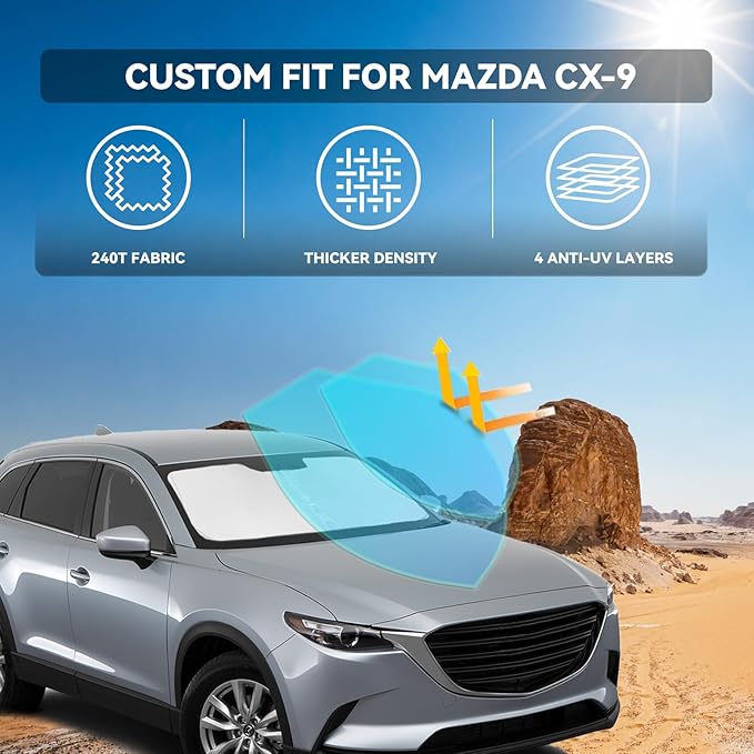 for Mazda CX-9 2016-2025 Windshield Sun Shade - 4 Layers Car Sunshades for Front Windows Shade Cover Custom Fit CX-9 Sun Visor 240T Retractable Shade Blocks UV Rays Car Accessories