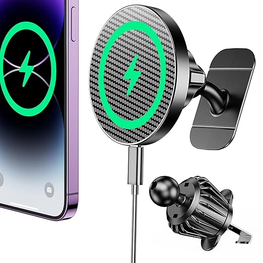 Coolpow for Magsafe Car Mount Charger【100% Stable】15W Magsafe Car Charger Magnetic Phone Holders for Your Car Accessories for Women Men car Phone Holder Wireless Car Charger for iPhone (Carbon Fiber)