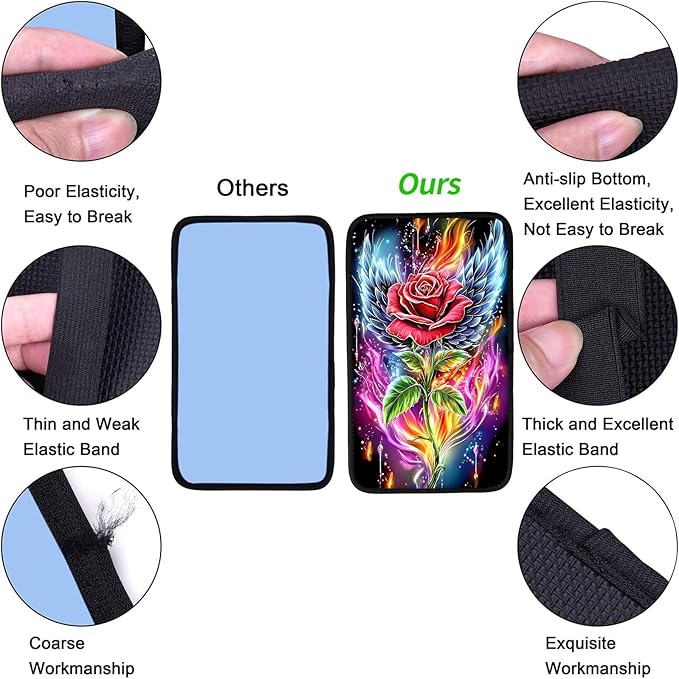 JANENFNA Car Armrest Cover Pads Universal Fashion Cute Auto Center Console Armrest Cover Pad with 2PCS Car Coasters Soft Waterproof Car Armrest Seat Protector for Women,Winged Rose
