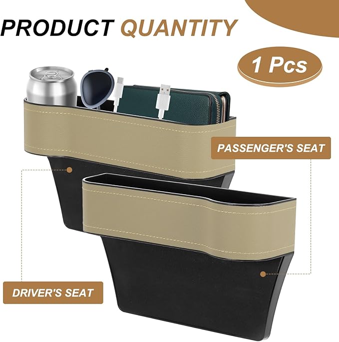 HARFINGTON Car Seat Gap Filler Organizer 10.2 x 6.5 x 3.1 Inch ABS+Leather Universal Car Organizer Storage Box Between Seat and Console (Left) with Cup Holders for Phone Keys, Beige
