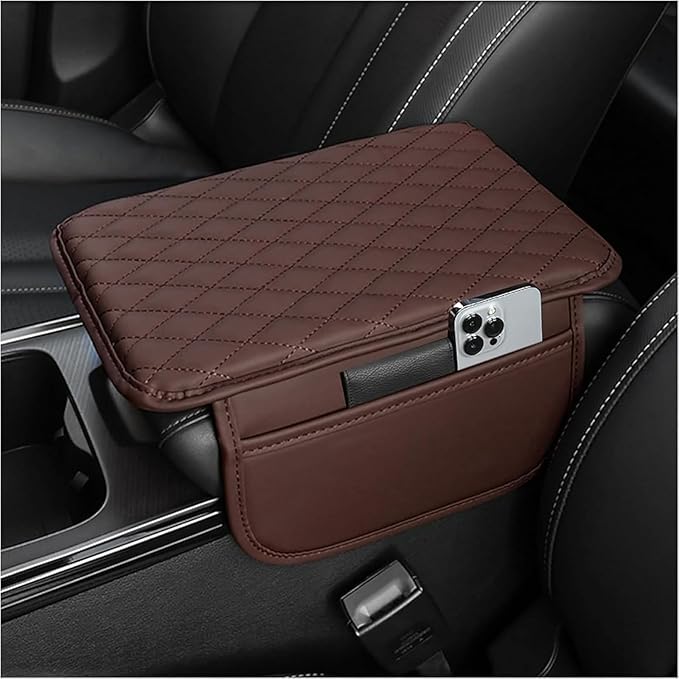 Car Center Console Cover for Honda CRV 2017 2018 2019 2020 2021 2022, Universal Waterproof Leather Armrest Box Pad Armrest Cover Cushion Interior Accessories with 2 Storage Bags,C/Brown